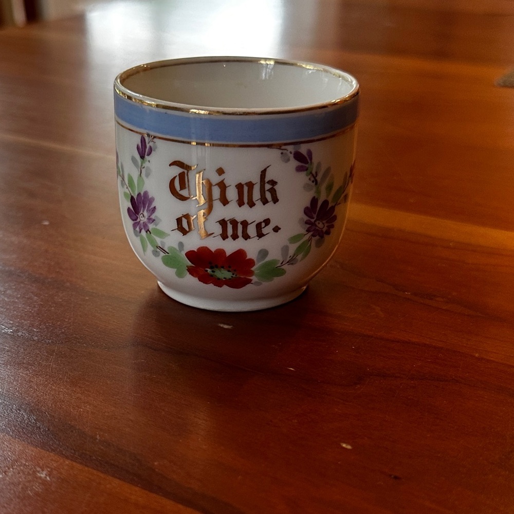 Victorian “Think of Me” Porcelain Cup Antique Forget-Me-Not Floral Love Token